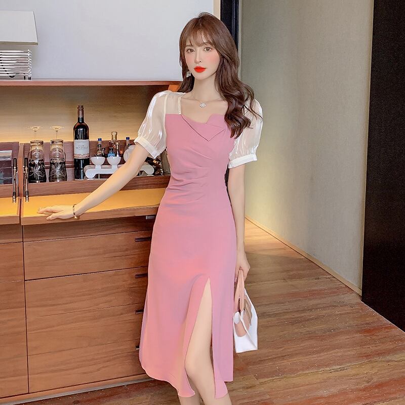 【dress】魅力的 気質満点レトロスウィートスリットパフスリーブスクエアネックワンピース