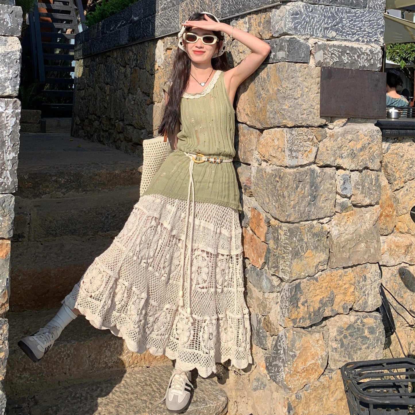 【set】ニットベスト+レース透かし彫りスカート２点セットG21099