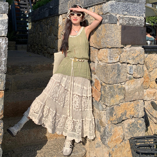 【set】ニットベスト+レース透かし彫りスカート２点セットG21099