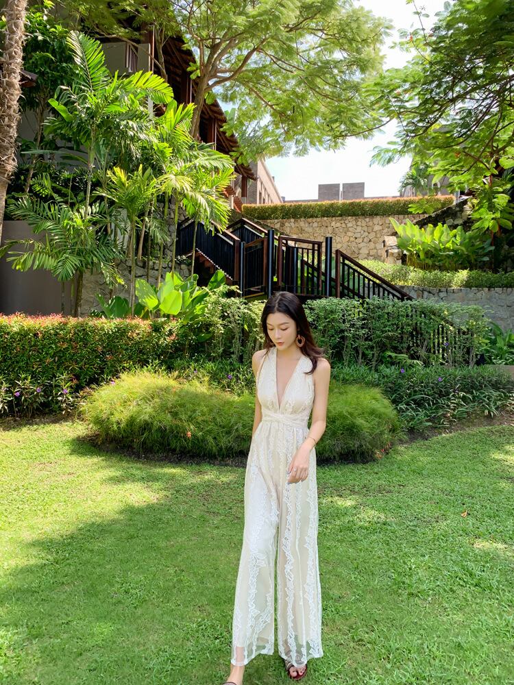 【set】Vネックレースバックで綺麗オールインワンG21327