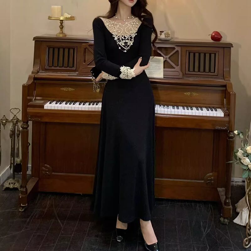 【dress】レースドッキングニットワンピース Q6862