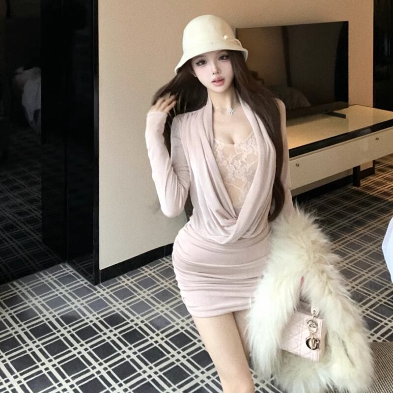 【dress】レースドッキングドレープドネックタイトワンピース Q7546