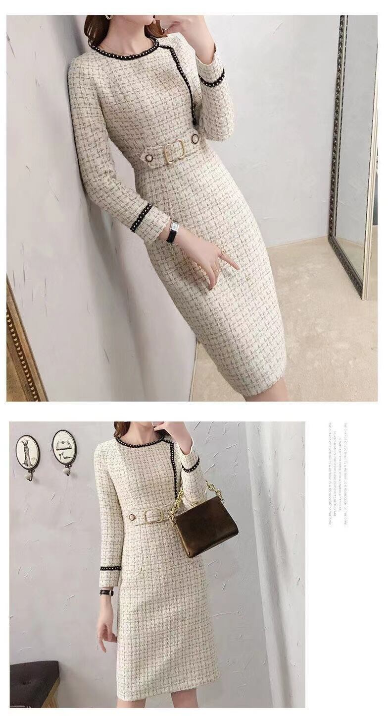 【dress】細身効果抜群♪ラウンドネック長袖韓国ファッションチェック柄OL通勤ボディラインワンピースF1540