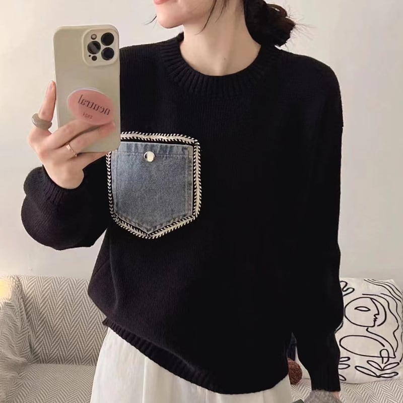 【tops】デニムポケット付きセーター Q6370