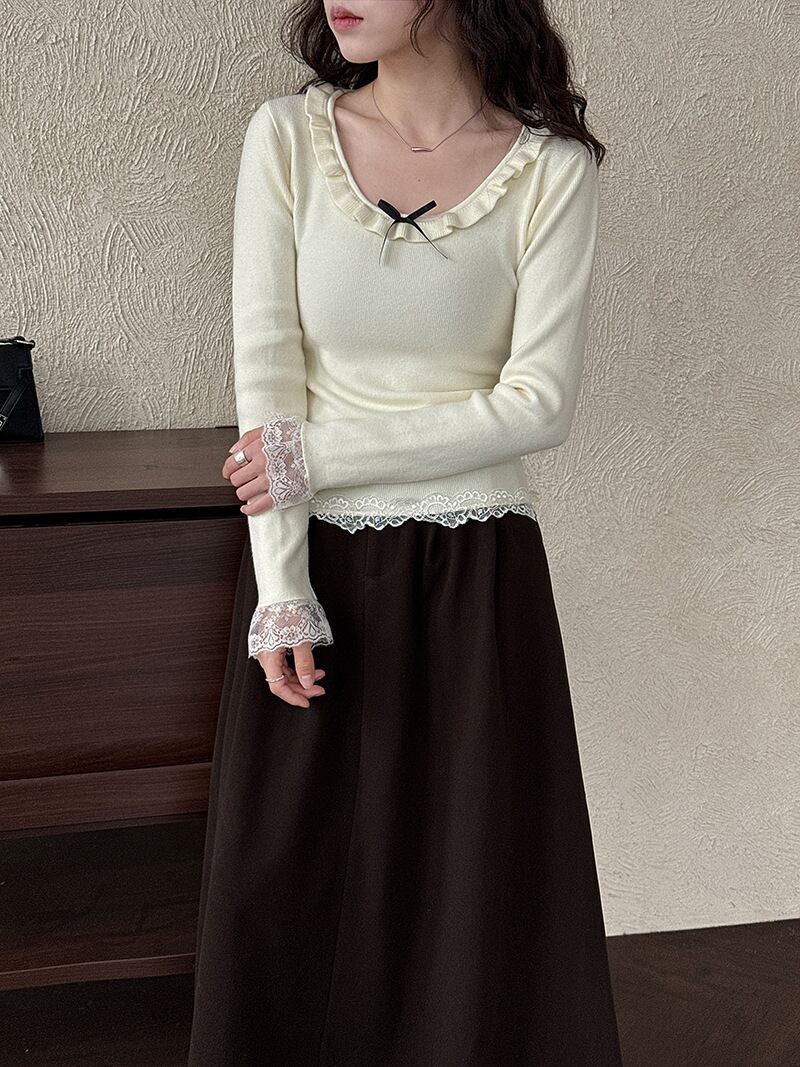 【tops】レースドッキングフレアニットトップス Q7312