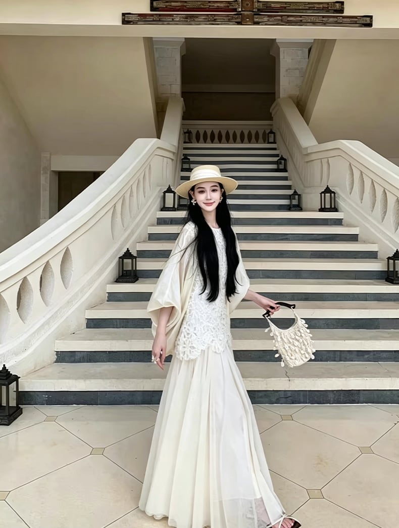 【dress】ノースリーブレースドッキングロングワンピース Q8466
