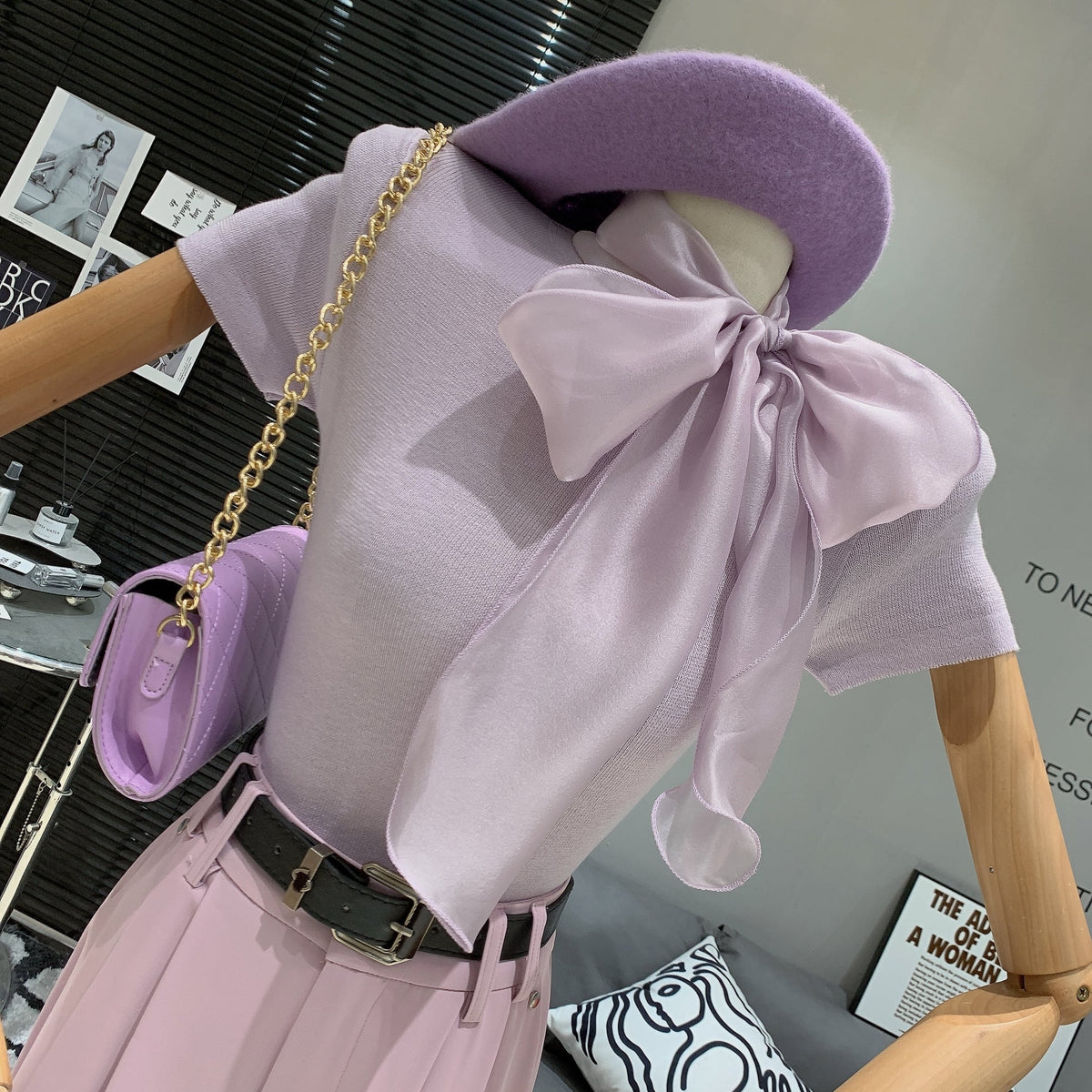 【tops】リボン付きニットTシャツ　M29886