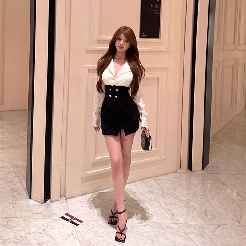 【dress】シャツドッキングタイトワンピース Q7844