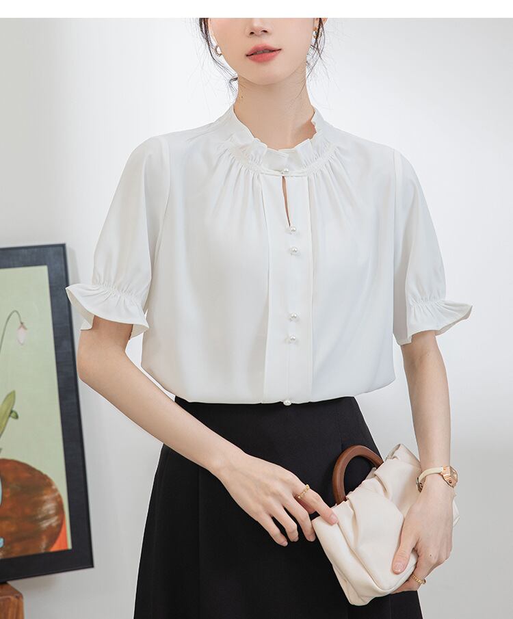 【tops】フリルスタンドネックOL通勤ブラウスG21076