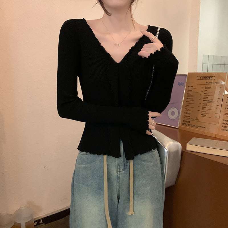 【tops】Vネックフリルニットトップス　M18839