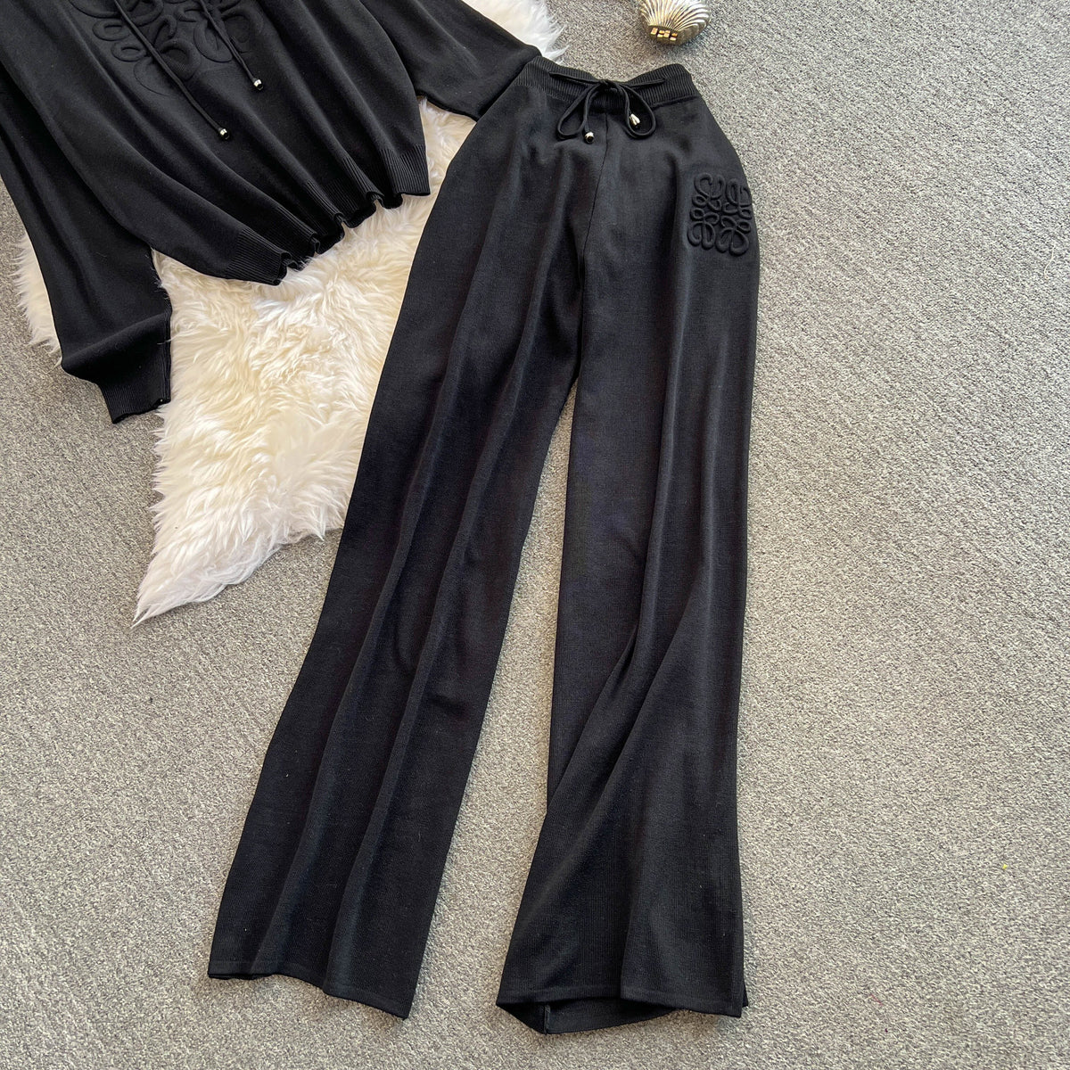 【set】フード付きニットトップス×ワイドパンツセット　N2722