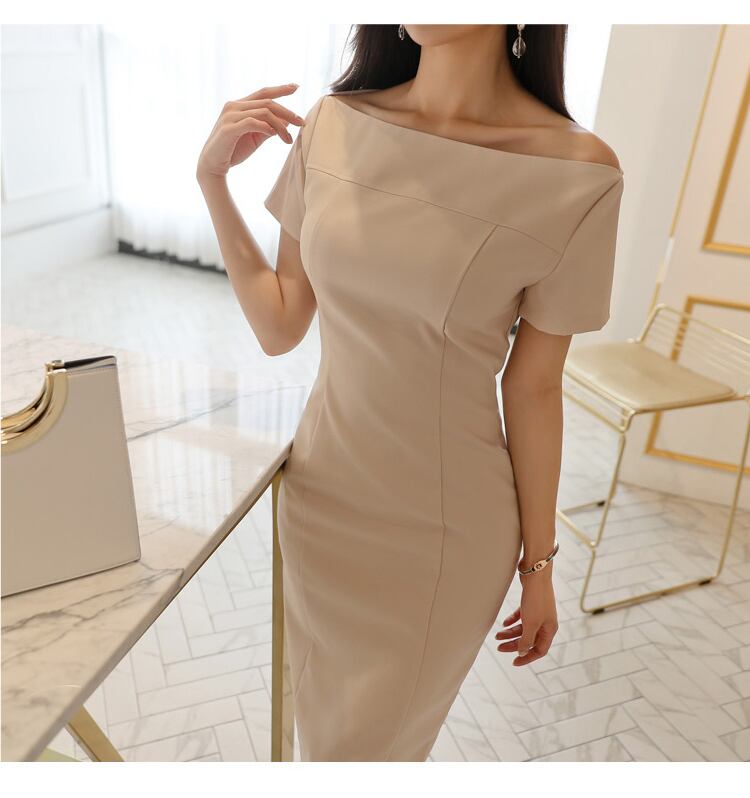 【dress】知的で品の良いオフショルダー半袖無地OL通勤体型カバータイトワンピースF2435