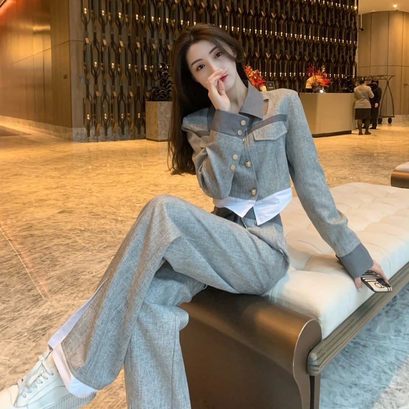 【set】偽二つ切り替えトップス+パンツセットアップF6077