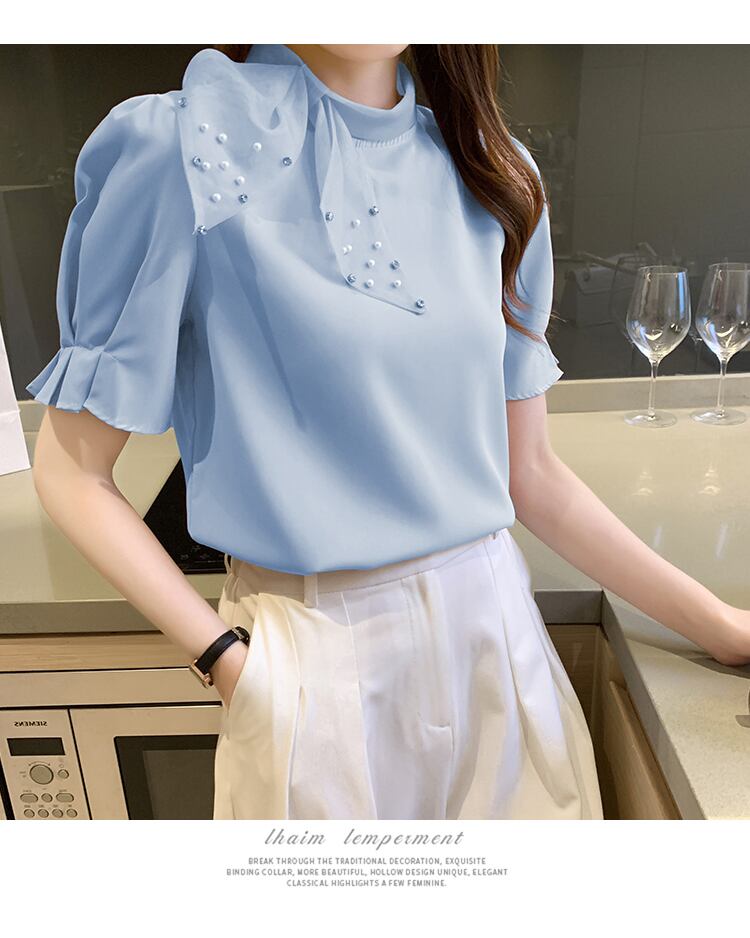 【tops】美人度アップ!スウィートリボンルーズシフォンパフスリーブフランス風シャツ G6683