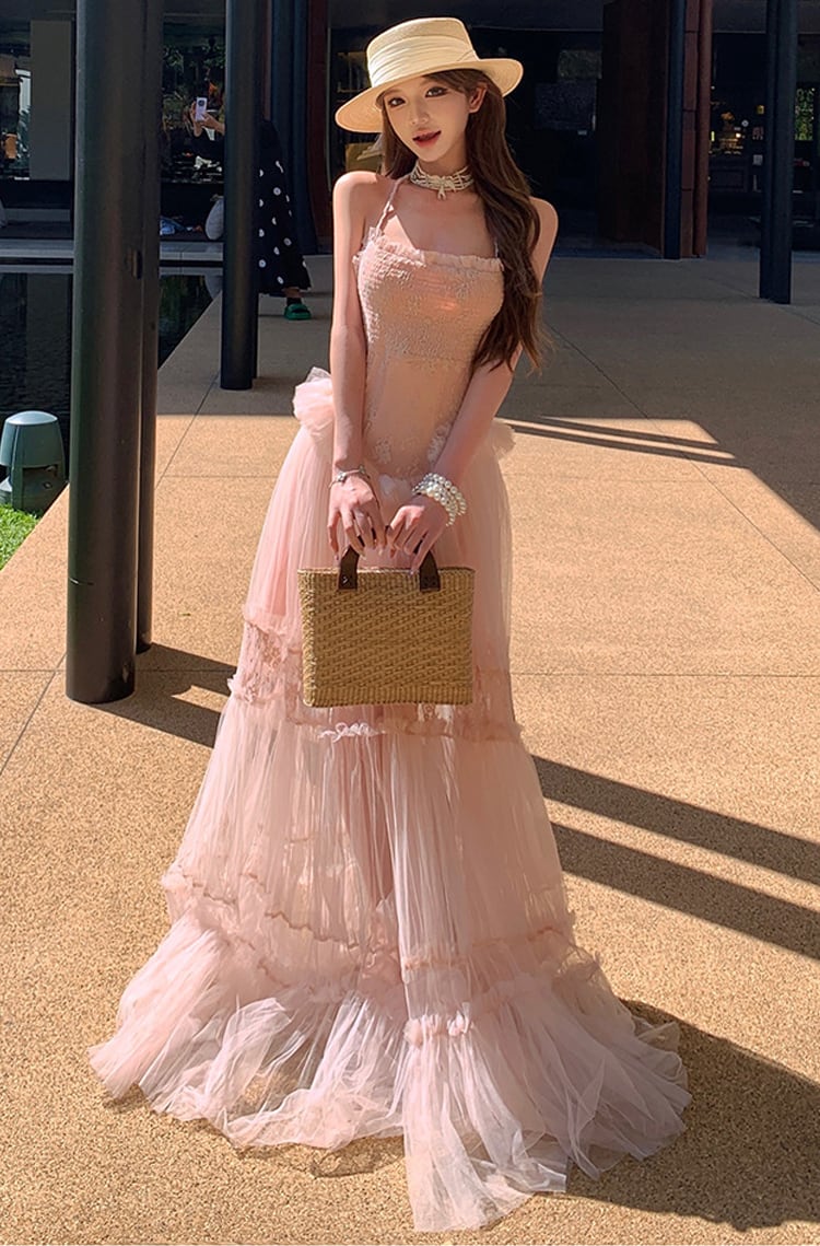 【dress】ホルターネックシアーチュールティアードワンピース Q8484
