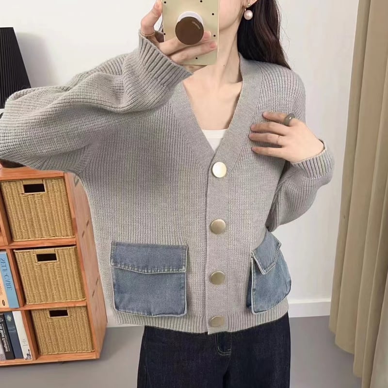 【outer】デニムポケット付きカーディガン Q6364