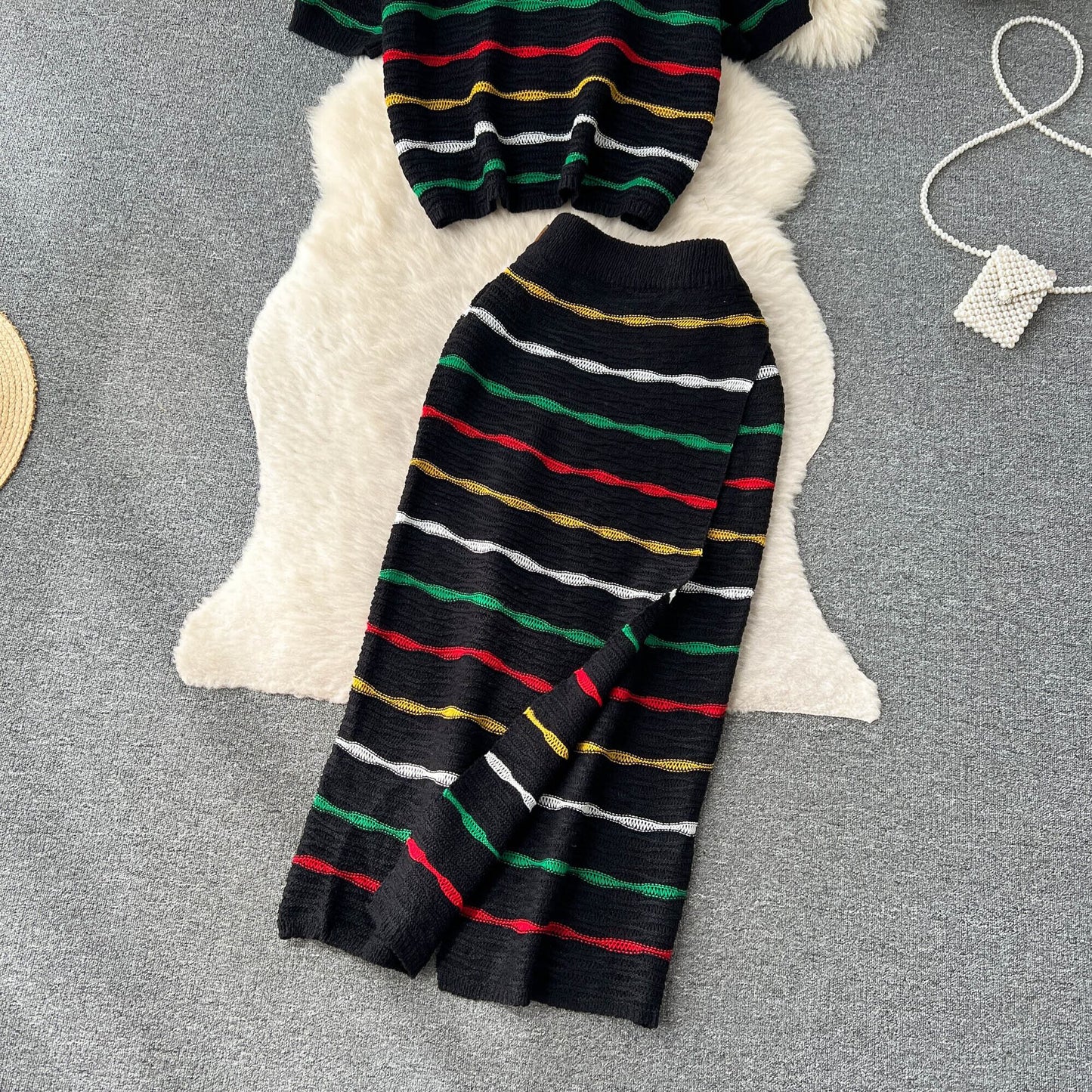 【set】ストライプ柄ニットトップス+スカート２点セットG20661