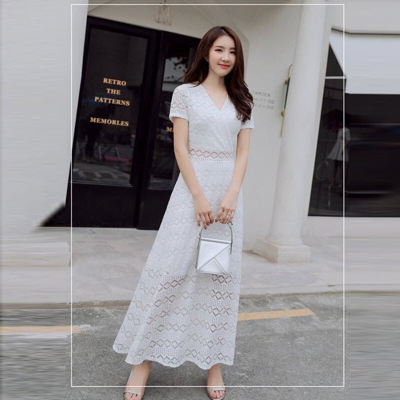【dress】今季トレンドレース着痩せハイウエストAライン透かし彫り無地ワンピースF0117