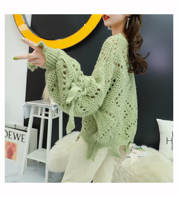 【tops】韓国ファッション3色ラウンドネック長袖透かし彫り薄手ニットセーターF0634