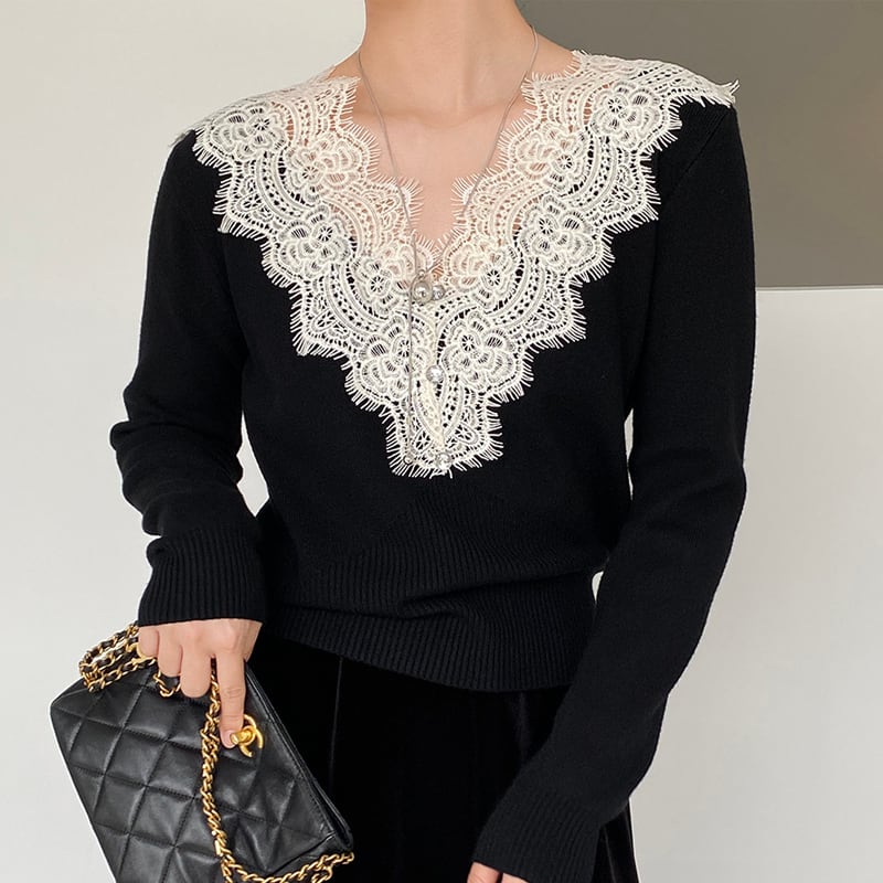 【tops】Vネックレースドッキングニットトップス Q7241