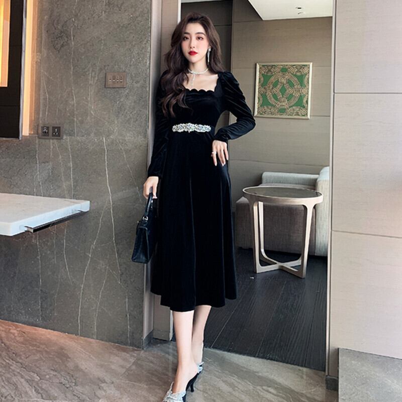 【dress】美人度アップ!気質満点ハイウエスト長袖 スクエアネックワンピース G1418