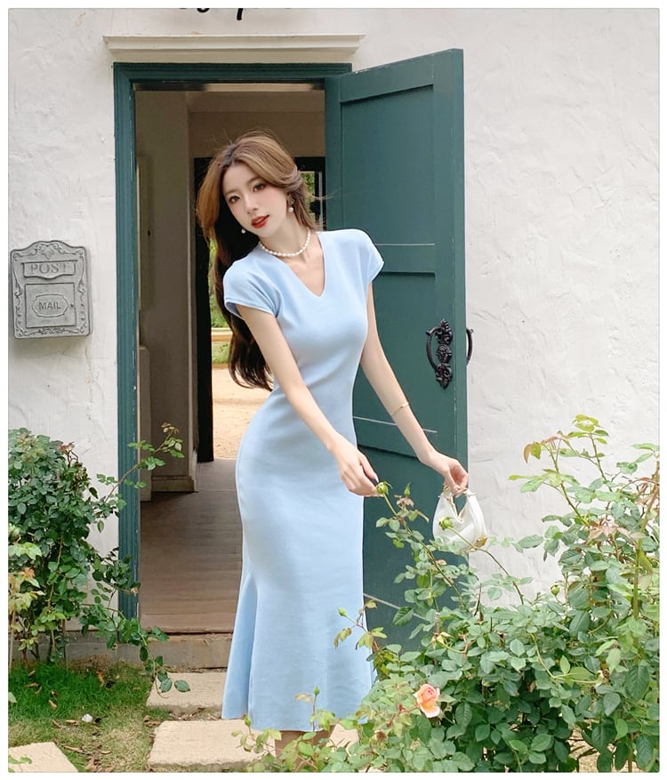 【dress】VネックマーメイドニットワンピースF7441