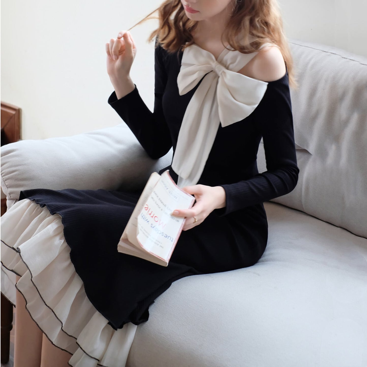 【dress】リボンメッシュ切替ワンピースF8303