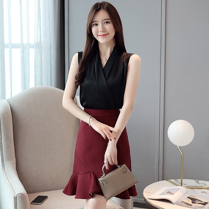 【tops】Vネックノースリーブ無地着回しタンクトップシフォンF0253