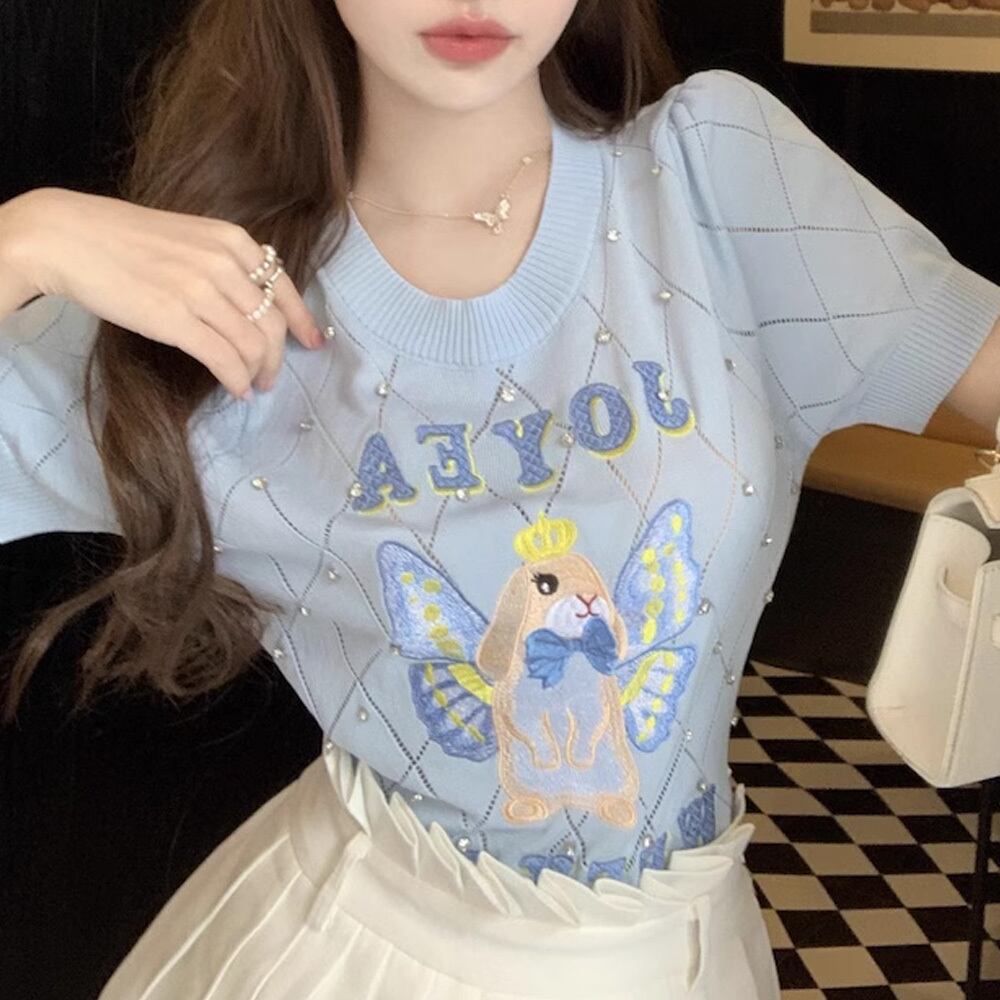 【tops】長袖ラインストーンニットＴシャツF7068