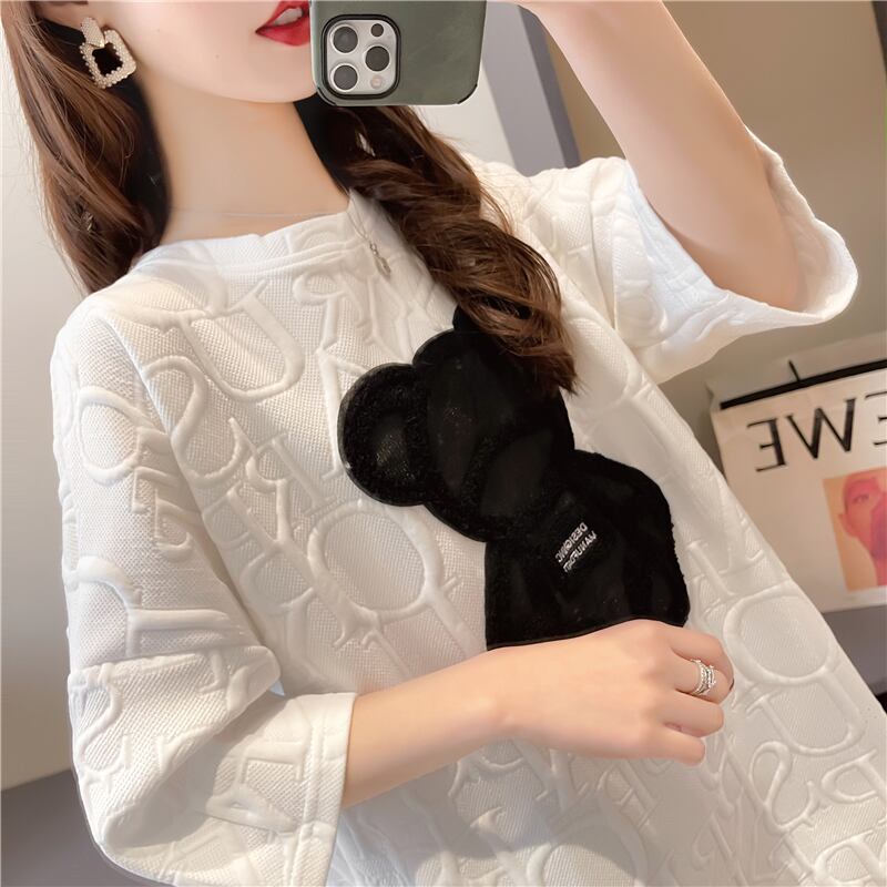 【tops】オシャレ度満点〜2色ラウンドネック半袖配色着回しゆったりTシャツF0156