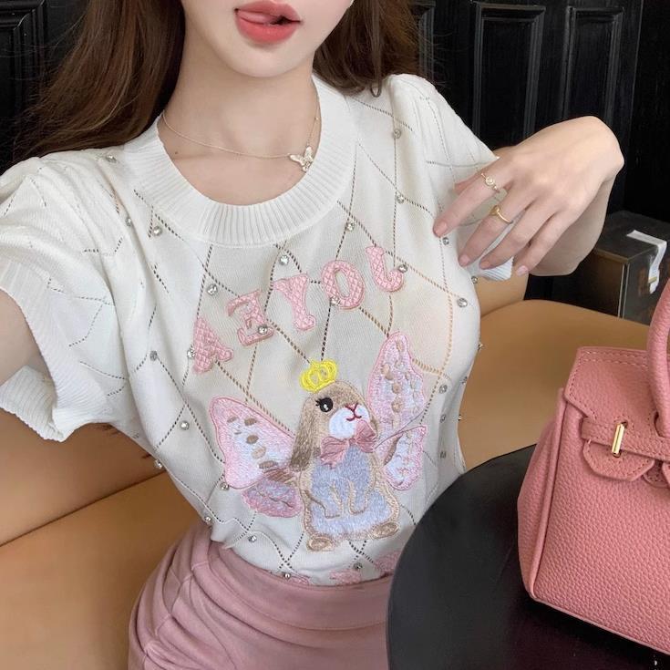 【tops】長袖ラインストーンニットＴシャツF7068