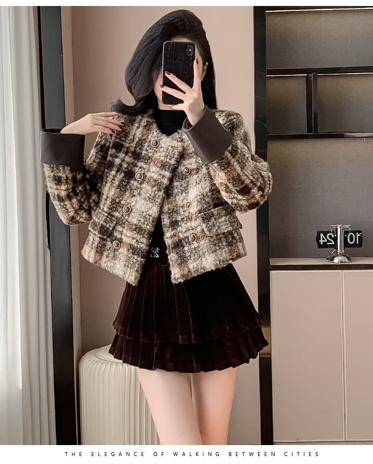 【set】チェック柄ショートコート×スカートセット　M27688