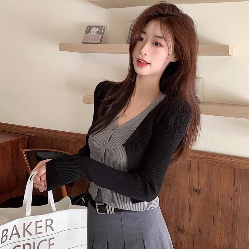 【tops】フェイクレイヤードニットトップス Q8150