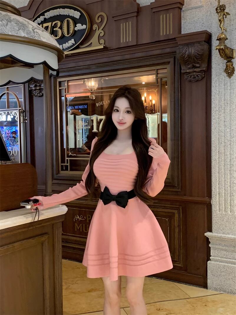 【dress】リボンベルト付きニットワンピース Q7343