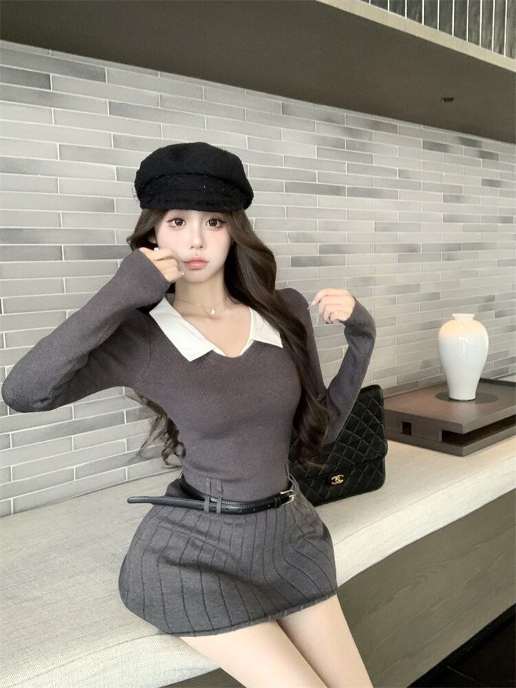 【dress】折り襟ニットワンピース　M28887