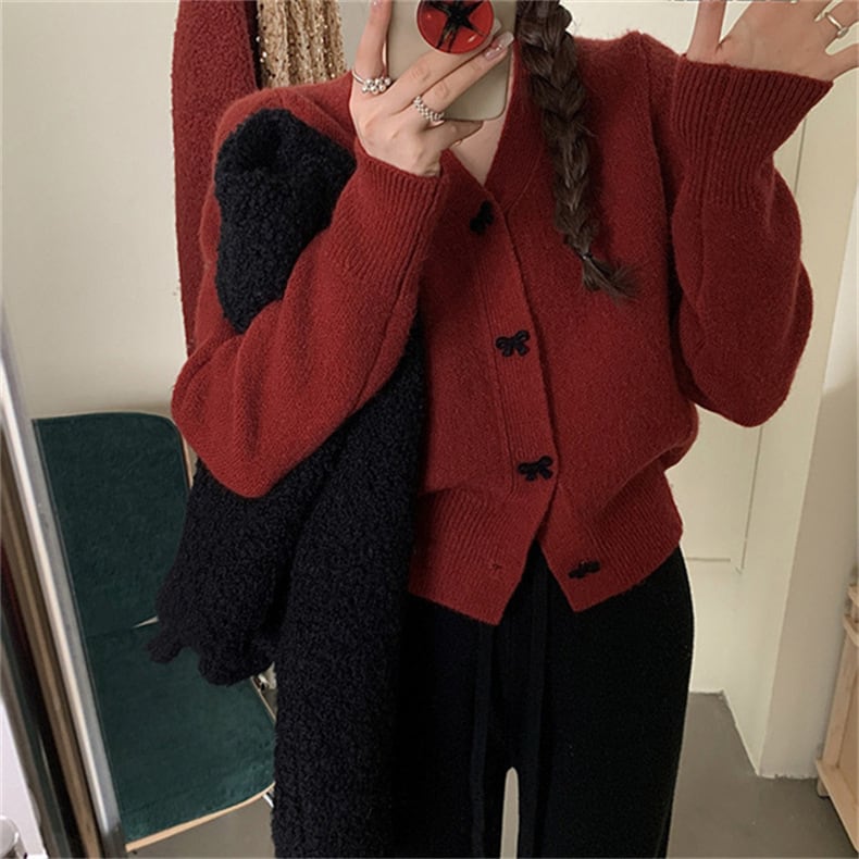 【outer】リボン付きニットカーデ　M25847