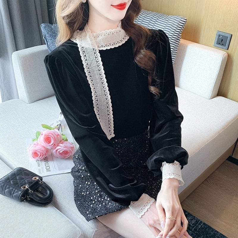 【tops】レース切り替えシャツトップス　M27569