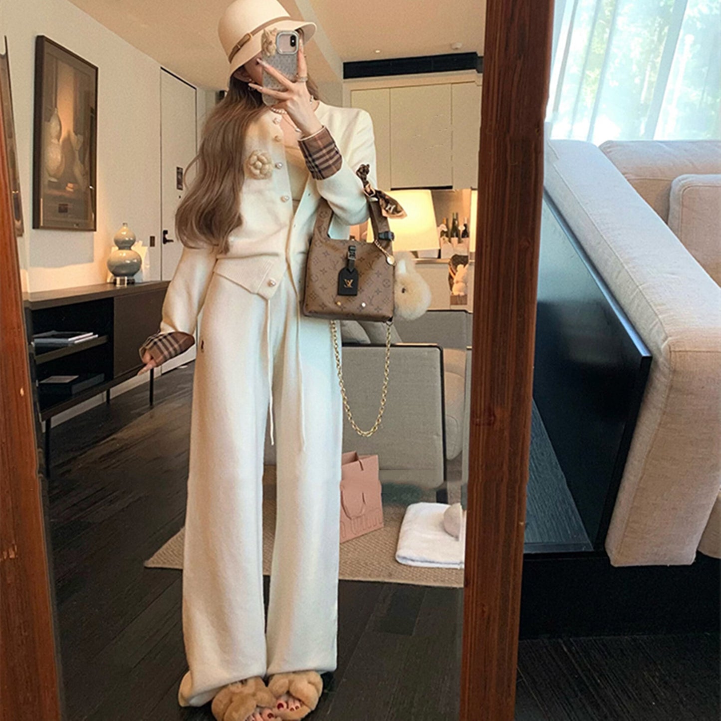 【set】チェック柄切り替えニットカーディガン×ワイドパンツセット　N3307