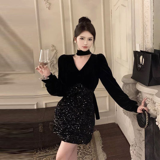 【dress】Vネック長袖スパンコールワンピース G18923