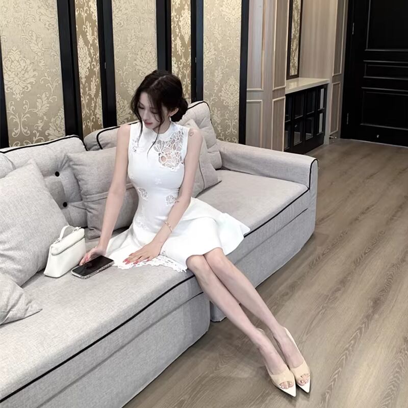 【dress】ノースリーブレースドッキングフレアニットワンピース Q7795