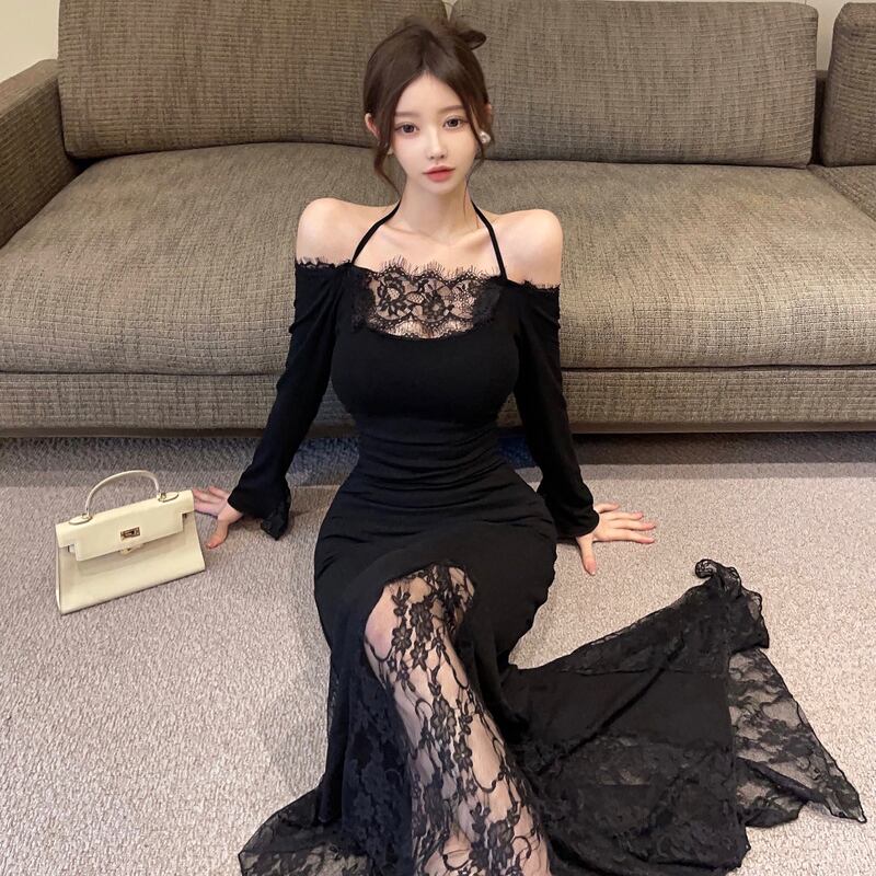 【dress】ホルターネックレースドッキングワンピース Q7884