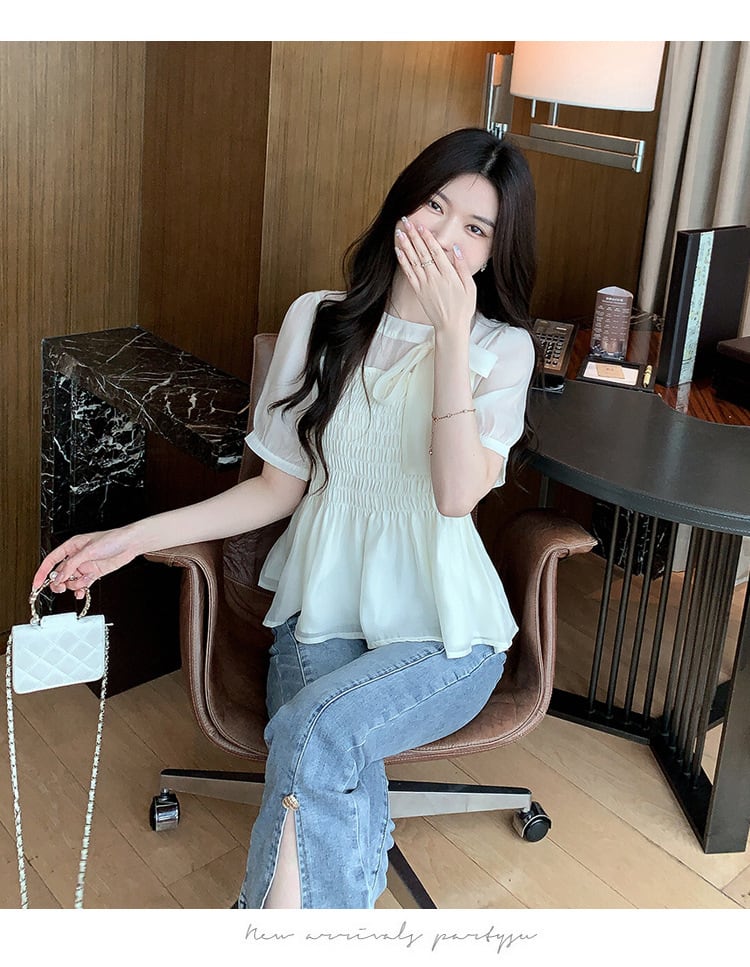 【tops】リボン付きシャツトップス　M23925