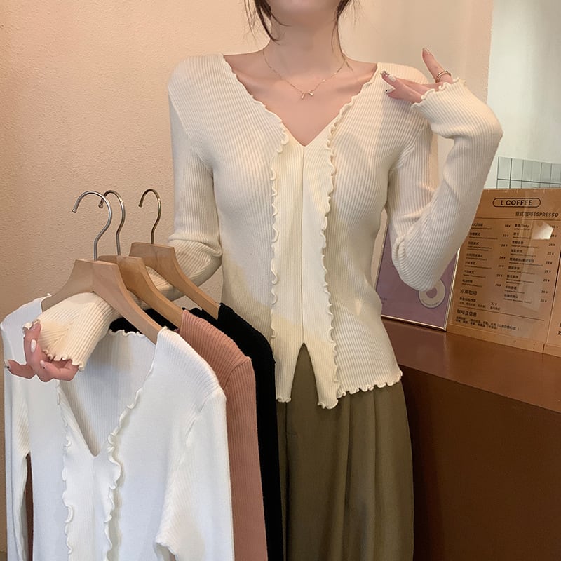 【tops】Vネックフリルニットトップス　M18839