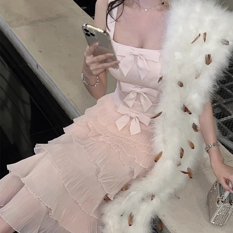 【dress】リボン付きティアードキャミワンピース Q7679