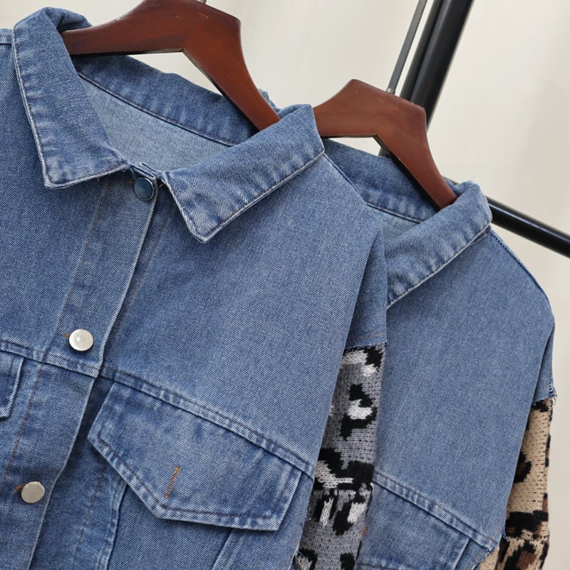 【outer】ニットヒョウ柄スリーブデニムジャケット　M26764