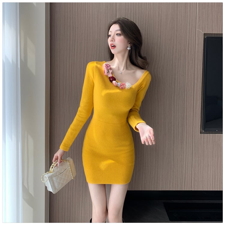 【dress】立体フラワーオフショルダーニットワンピース　M27755