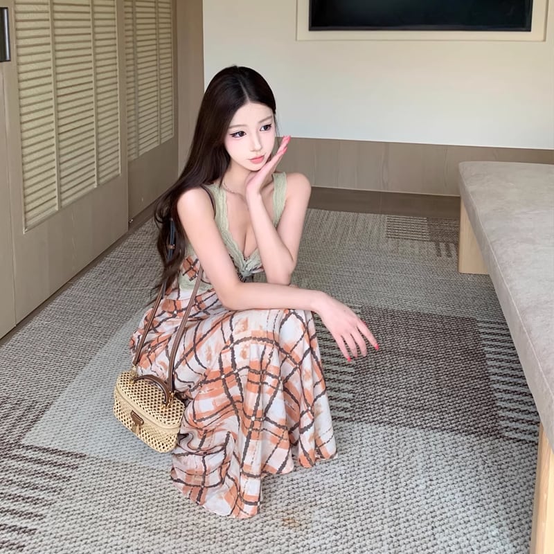 【dress】チェック柄ロングキャミワンピース Q8206