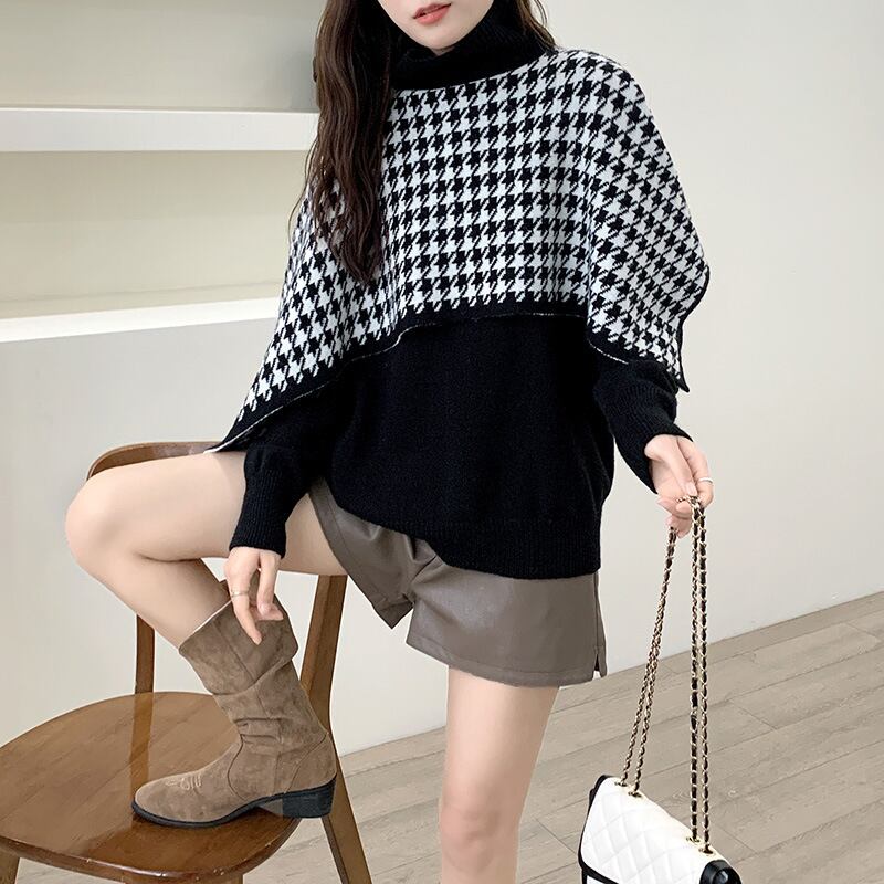 【tops】千鳥格子ドッキングニットセーター　M18543