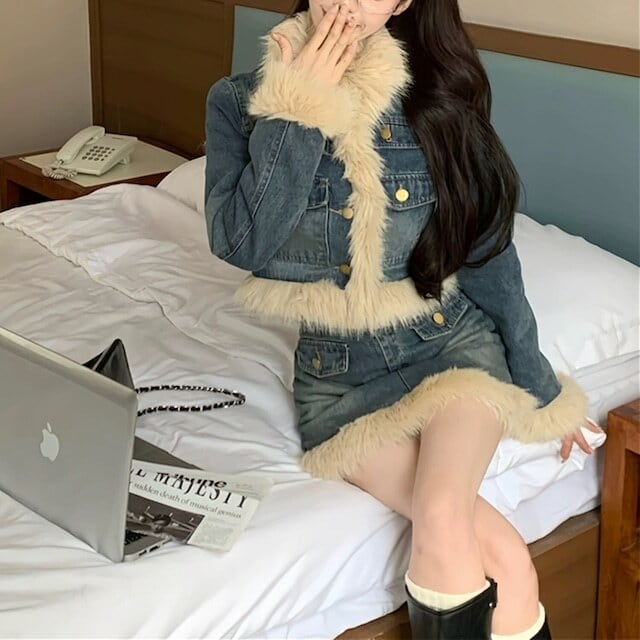 【set】デニムジャケット+ファー付きスカートセットアップ F6485
