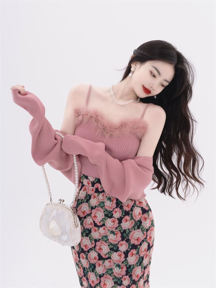 【tops】フェイクファーキャミソール×カーディガンセット　N2128